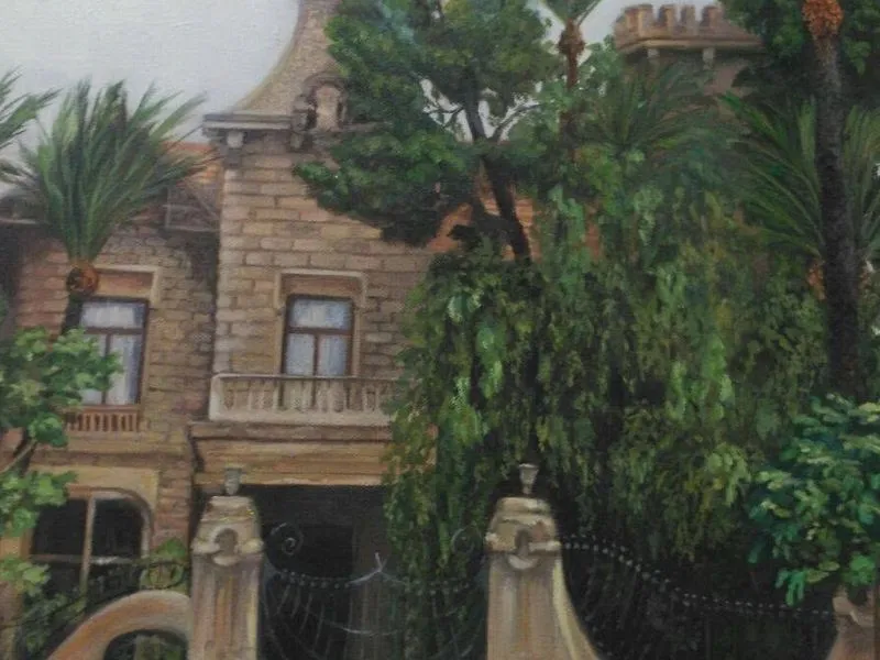 Óleo de una casa modernista entre palmeras pintado en la academia