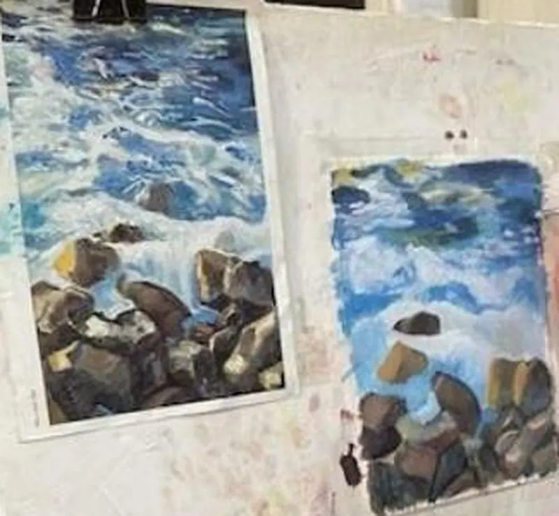 Acuarela de rocas y olas del mar pintada en la academia Pinta con Vincent