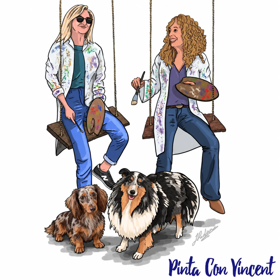 Logotipo de Pinta con Vincent: dos pintoras en columpios con dos perros