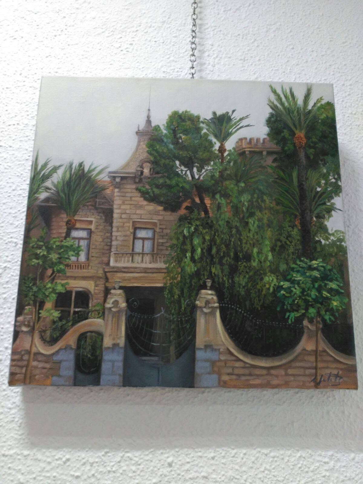 Cuadro de una casa modernista entre vegetación
