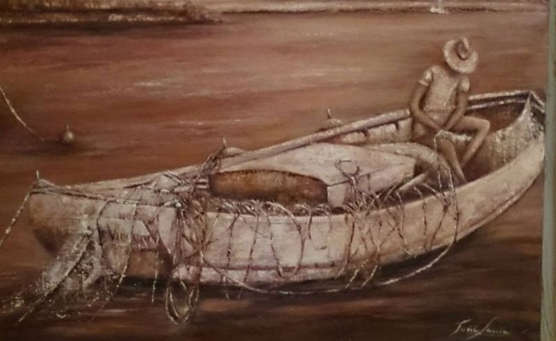 Obra en técnica mixta de una barca con redes en tonos sepia